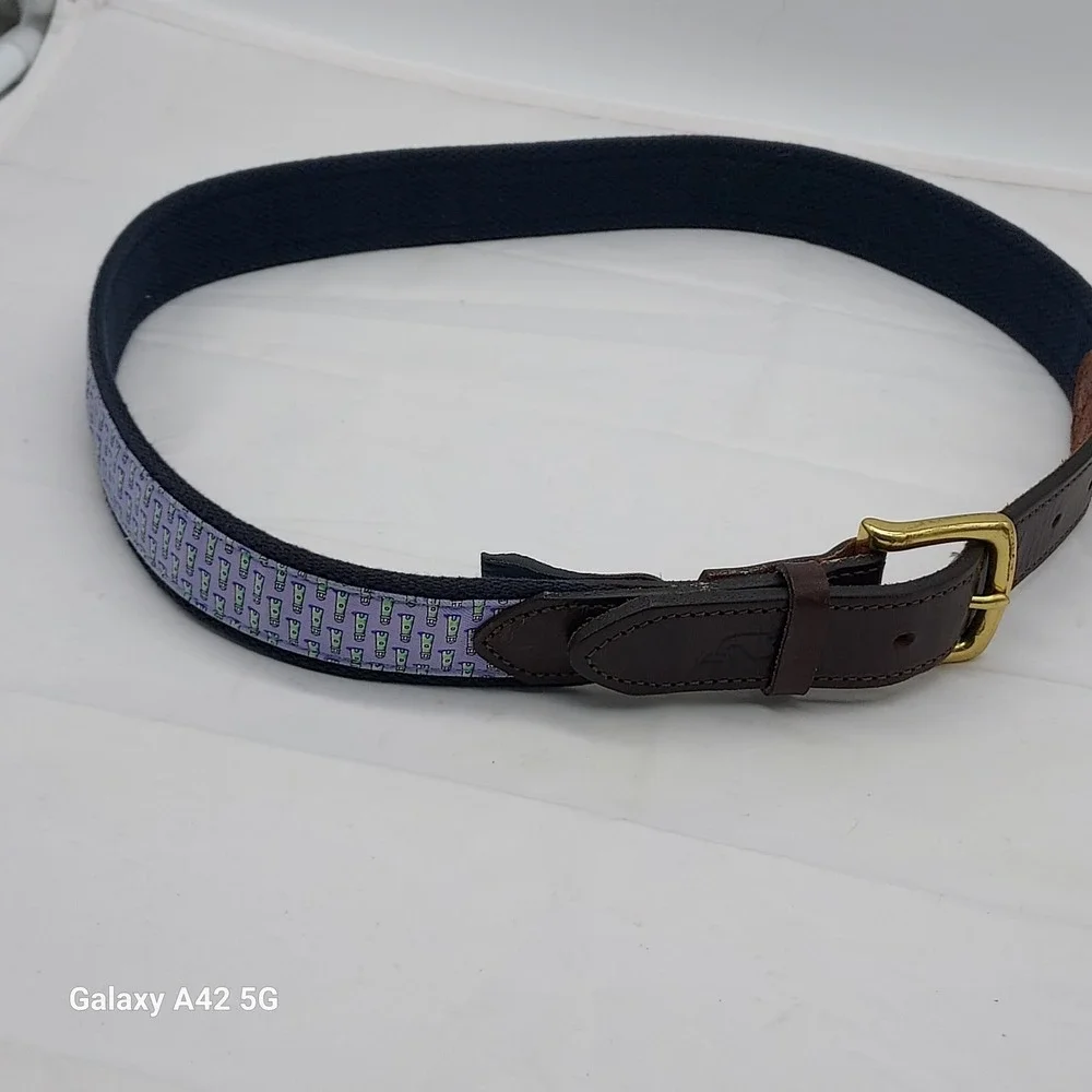 Vineyard Vines Mens Canvas Club Belt 34 Sunscreen Print Lavender Leather USA